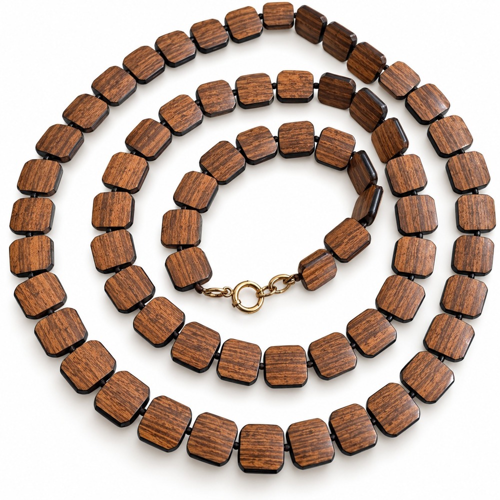 Vintage 1970s Modernist Wood Necklace 54" Square textured Geometric Beads  Boho